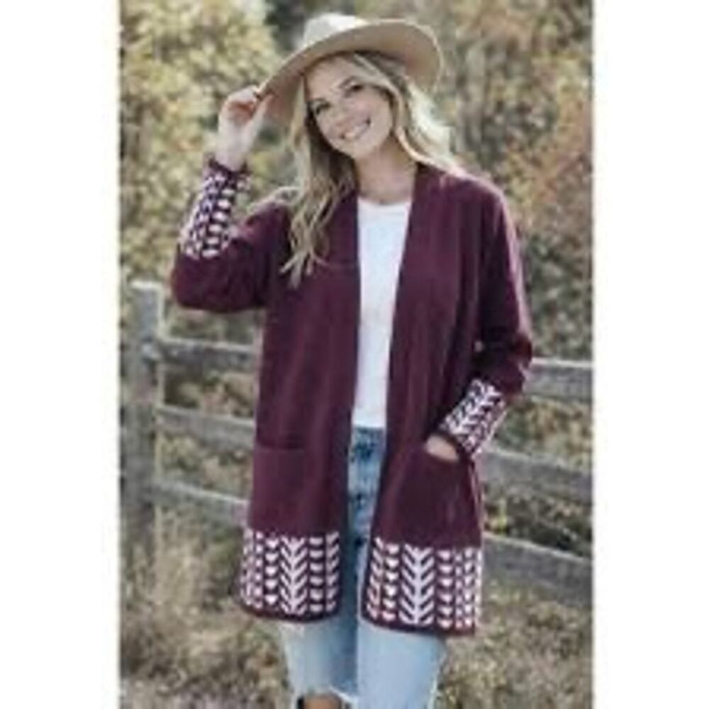 NWT Frye Cardigan Sweater Women's Large Burgundy Boho Southwest Cozy Tribal Open